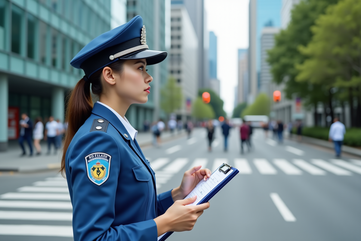 Jeune agente de trafic observant les panneaux en ville