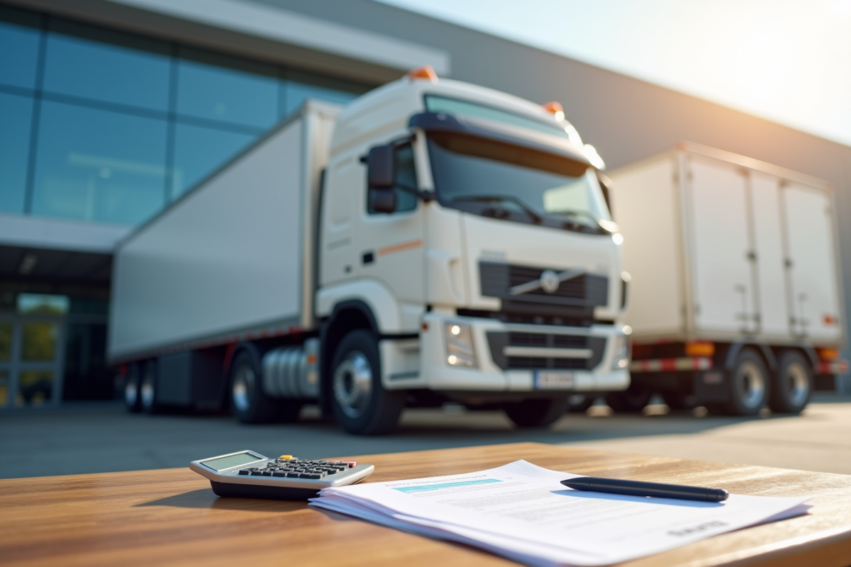 Camion lourd d'occasion devant un bâtiment logistique moderne