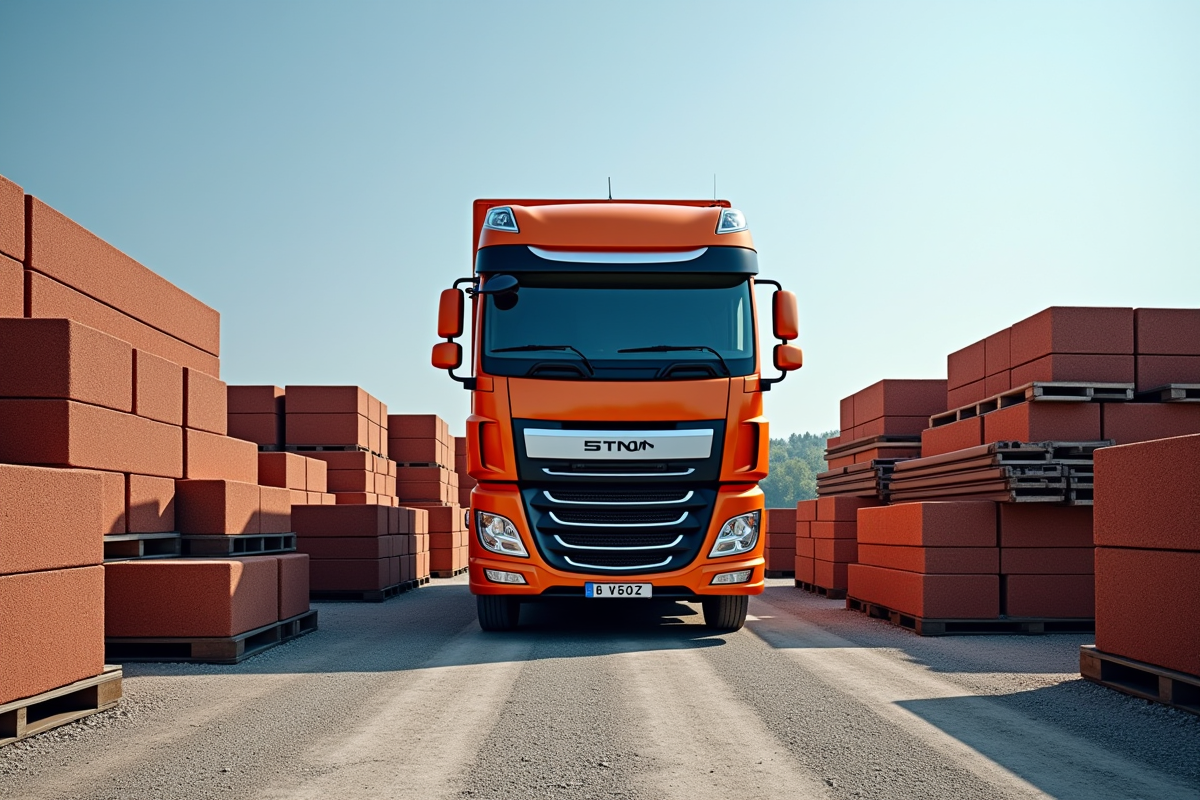 Camion stationne sur une route de gravier avec palettes de briques