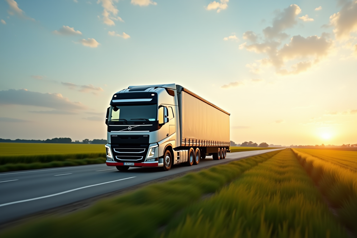 Camion roulant sur une route rurale au lever du soleil