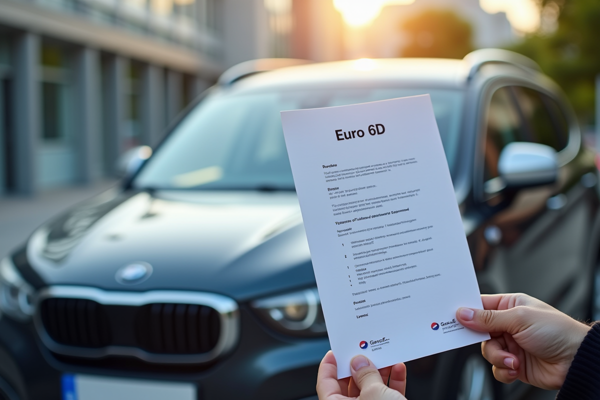 Personne tenant un certificat d'immatriculation avec label Euro 6D
