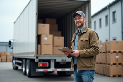 Conducteur de camion vérifiant la cargaison à côté du camion blanc