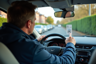 Homme d'âge moyen appose une vignette d'assurance sur le pare-brise