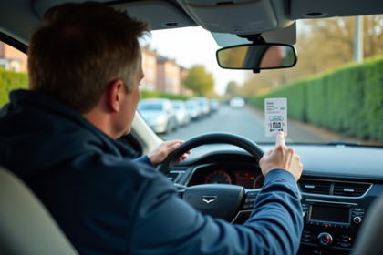 Homme d'âge moyen appose une vignette d'assurance sur le pare-brise