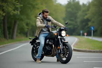 Homme vérifiant la pression des pneus de sa moto en extérieur