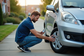 Homme vérifiant la pression des pneus de sa voiture dans une cour résidentielle