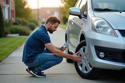 Homme vérifiant la pression des pneus de sa voiture dans une cour résidentielle
