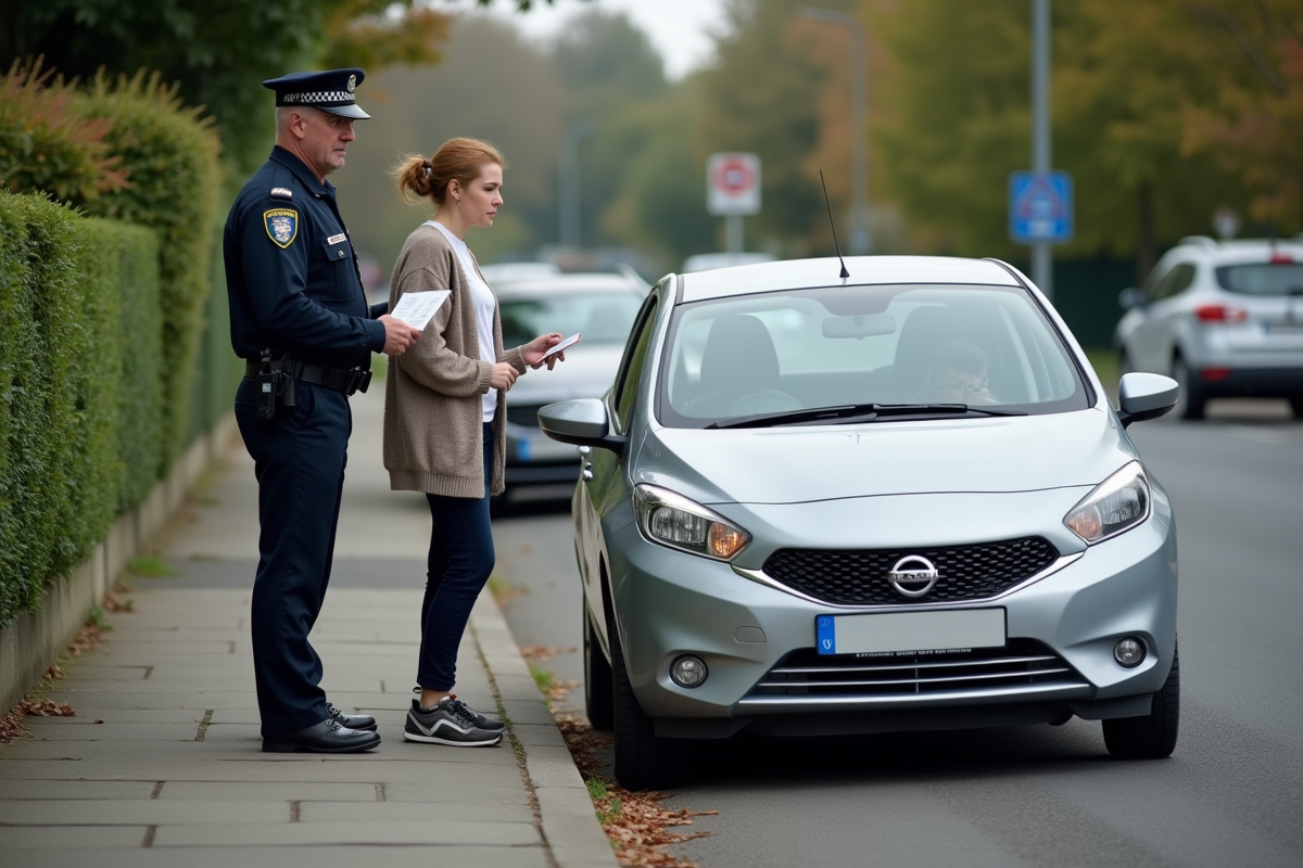 Agent de police contrôlant une voiture dans un quartier résidentiel