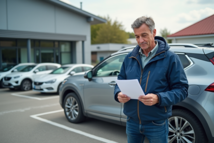 Homme d'âge moyen vérifiant son téléphone à côté de sa voiture