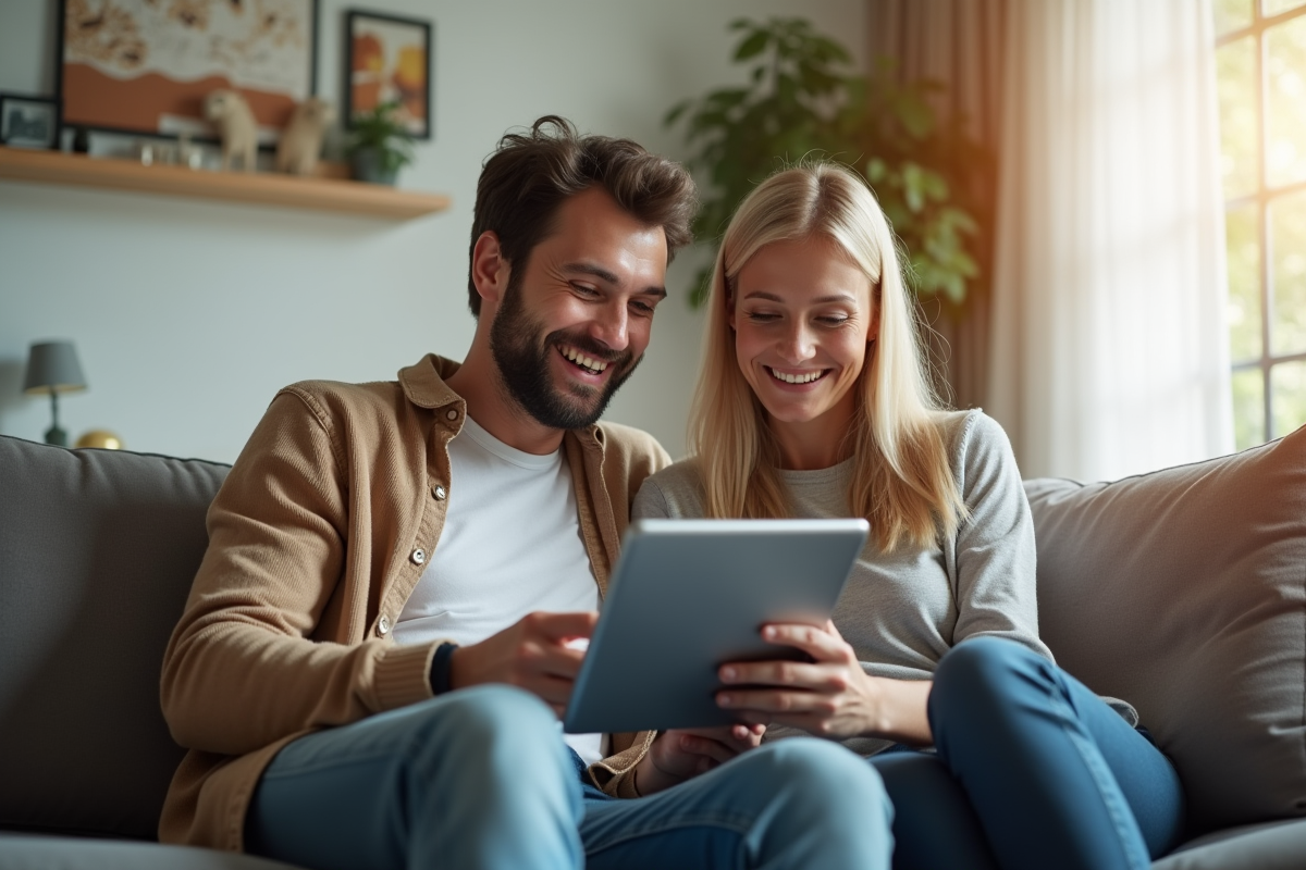 Couple souriant examinant leur budget sur une tablette