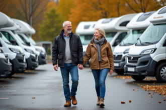 Couple souriant marchant devant camping-cars en concession