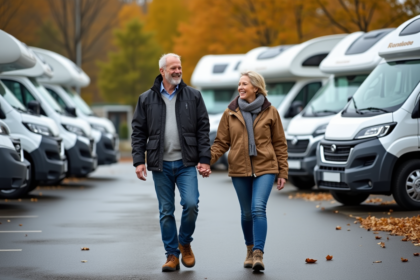 Couple souriant marchant devant camping-cars en concession