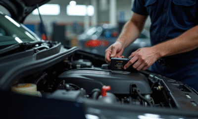 Mécanicien utilisant outils de diagnostic sur moteur Peugeot 1,6 HDi