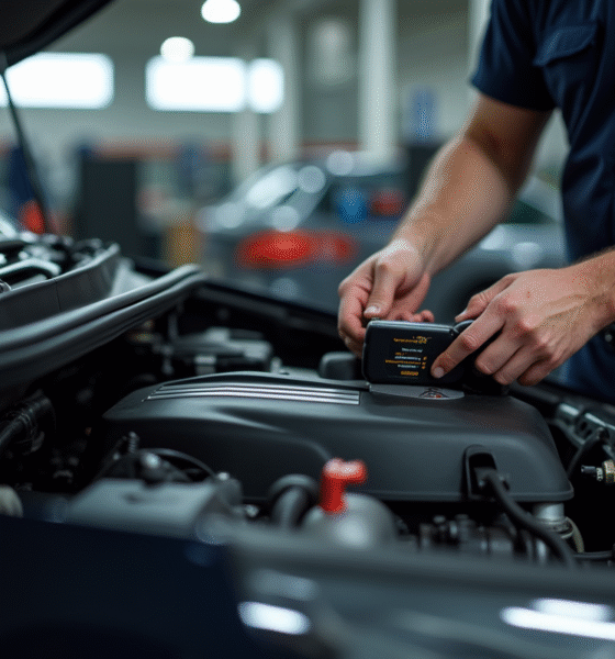 Mécanicien utilisant outils de diagnostic sur moteur Peugeot 1,6 HDi
