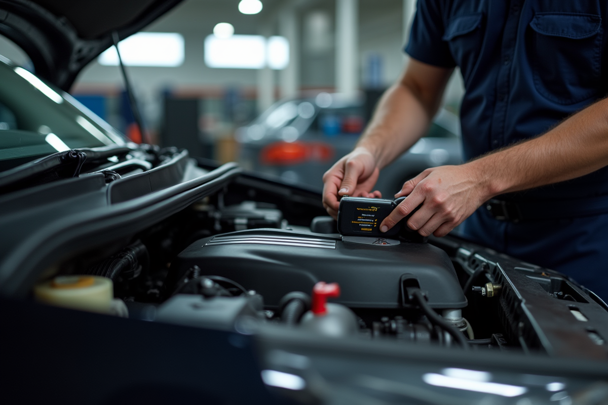 Mécanicien utilisant outils de diagnostic sur moteur Peugeot 1,6 HDi