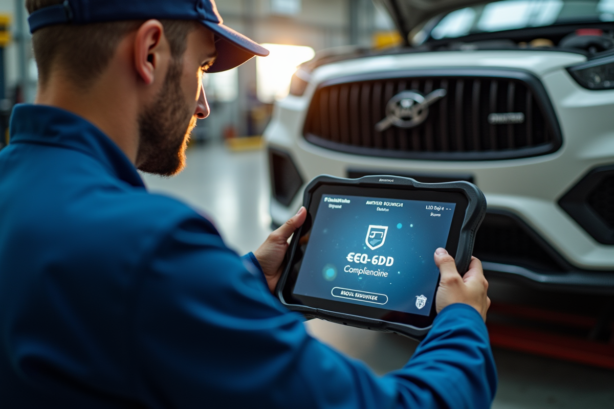 Mecanicien utilisant une tablette de diagnostic Euro 6D dans un garage