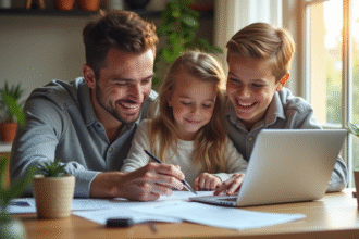 Famille souriante vérifiant papiers d'assurance à la maison