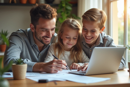 Famille souriante vérifiant papiers d'assurance à la maison