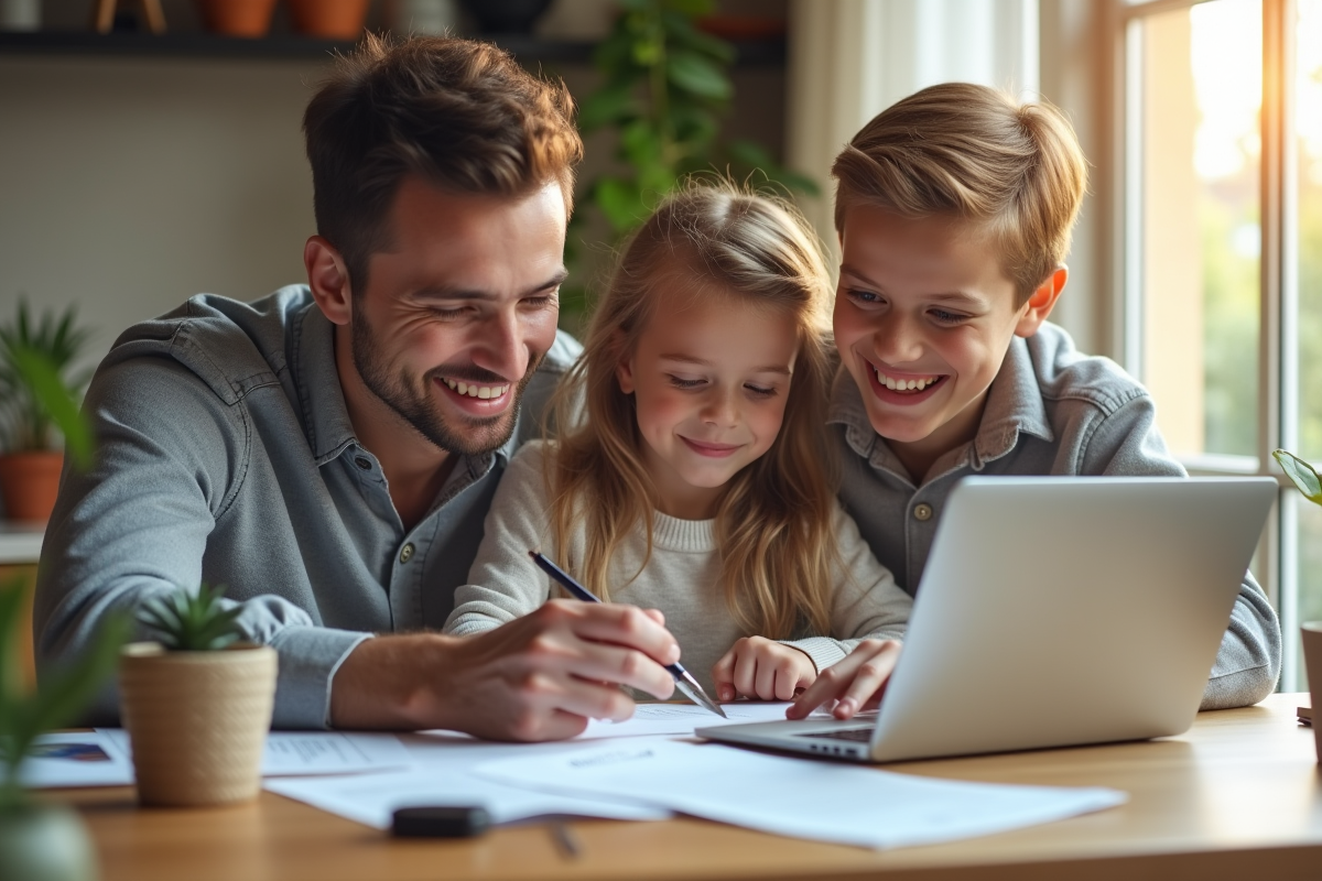 Famille souriante vérifiant papiers d'assurance à la maison