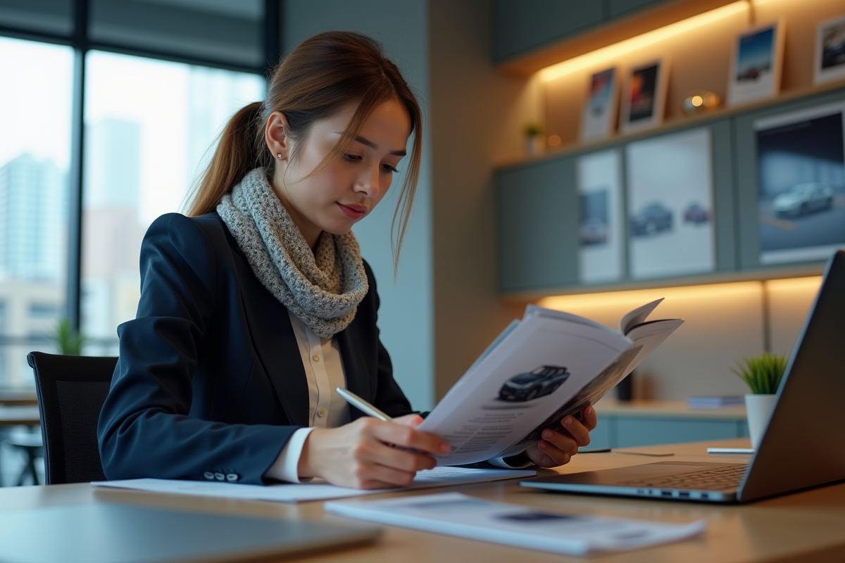 Jeune femme examine catalogue automobile en bureau