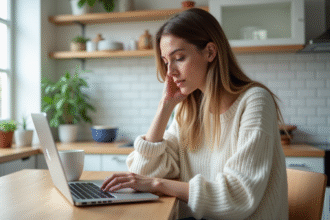 Femme regardant un ordinateur dans une cuisine lumineuse