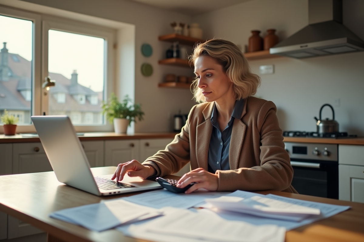 Femme calcule des impôts à la maison avec documents et ordinateur