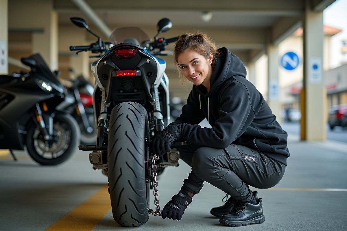 Jeune femme attachant sa moto dans un garage intérieur