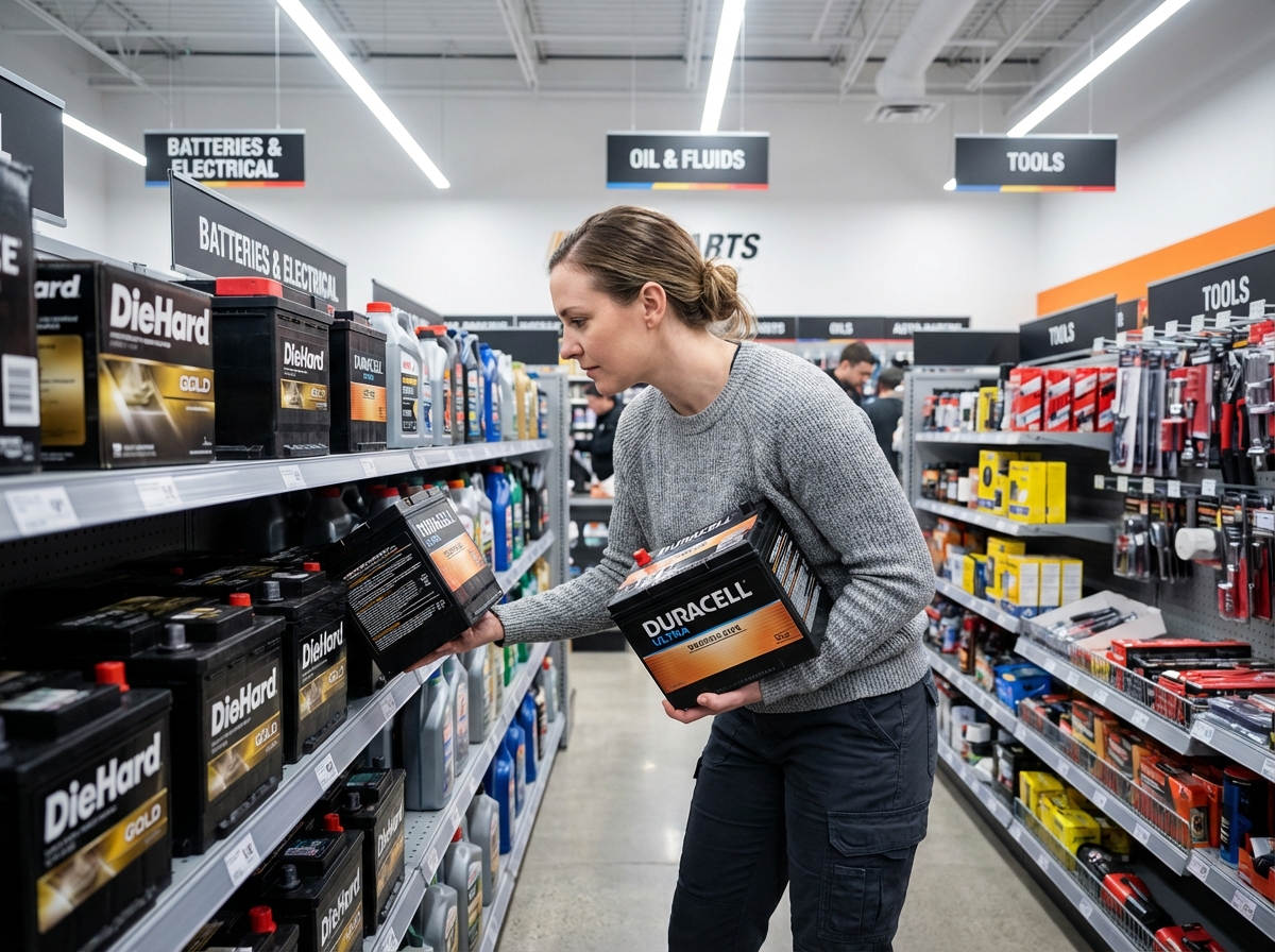 Femme dans un magasin auto comparant deux batteries auto