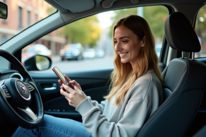 Femme souriante utilisant une application de covoiturage dans sa voiture