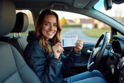 Femme souriante tenant son permis de conduire dans la voiture