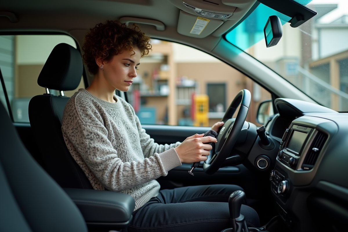 Jeune femme ajustant les commandes dans une voiture accessible