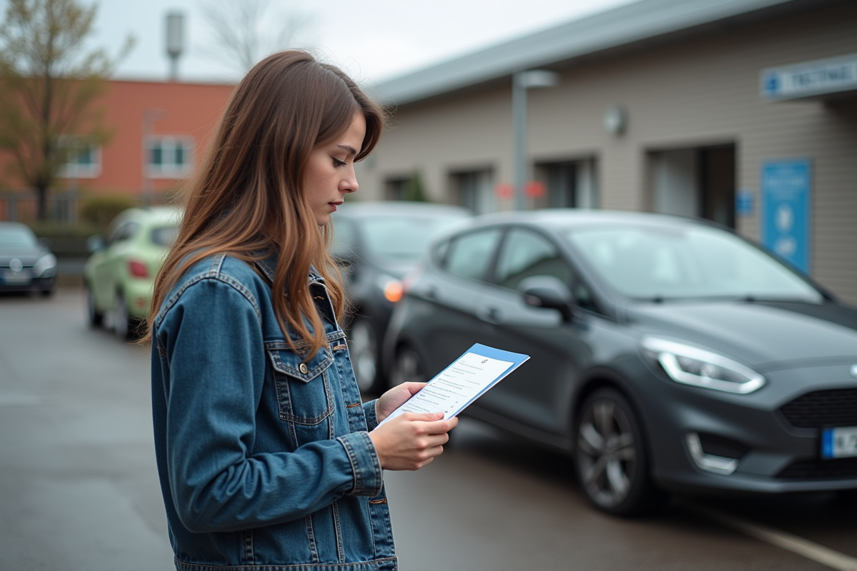 Jeune femme vérifiant une fiche d inspection devant sa voiture