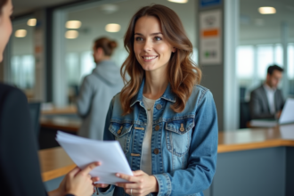 Femme avec documents de voiture à un comptoir administratif
