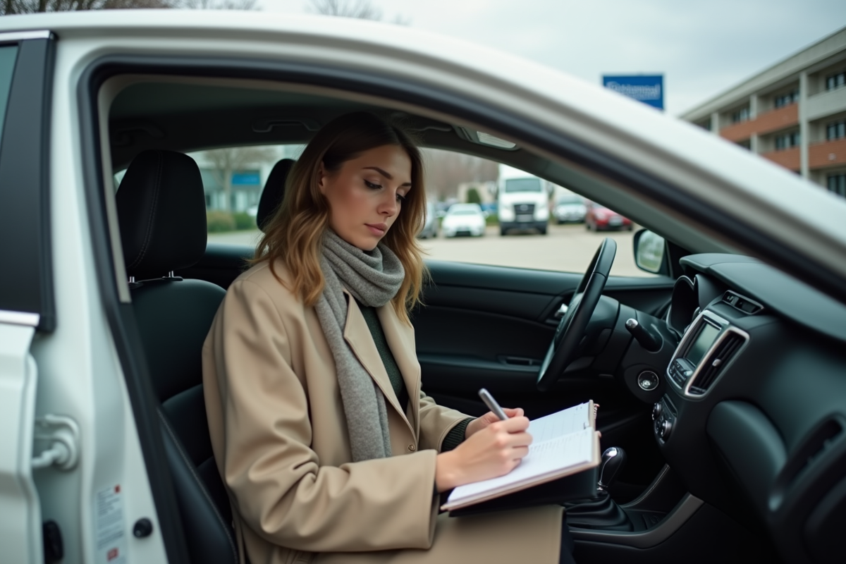 Femme dans une voiture saisissant des informations de kilométrage