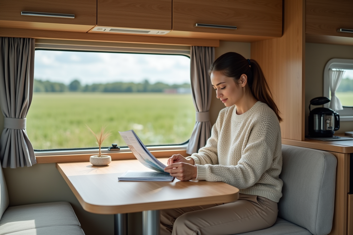 Jeune femme dans camper lisant brochures à la table
