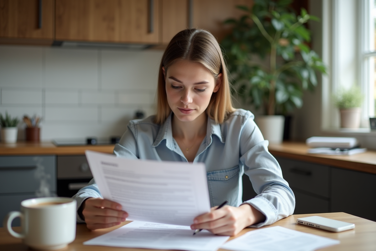 Jeune femme lisant un formulaire dans une cuisine
