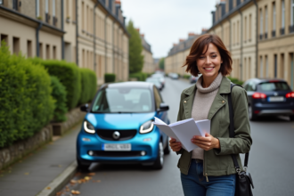 Femme souriante avec microcar devant maison en France