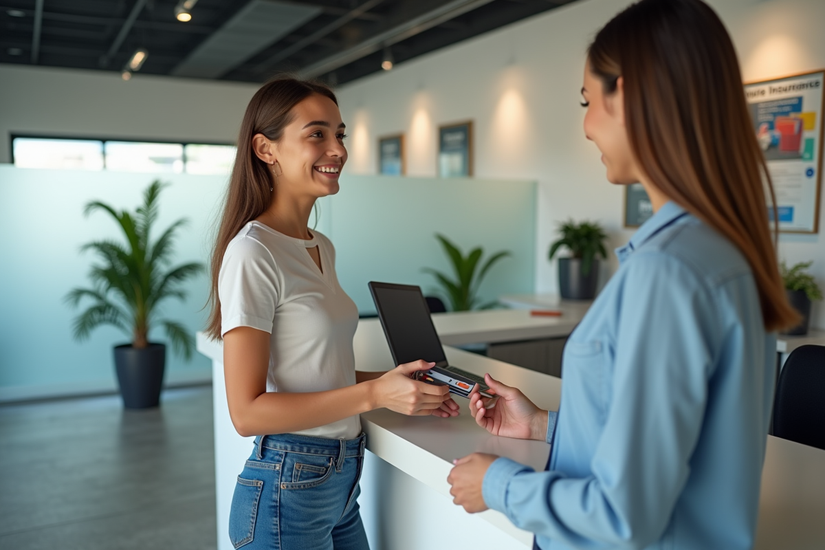 Jeune femme remet sa carte bancaire à un conseiller en assurance