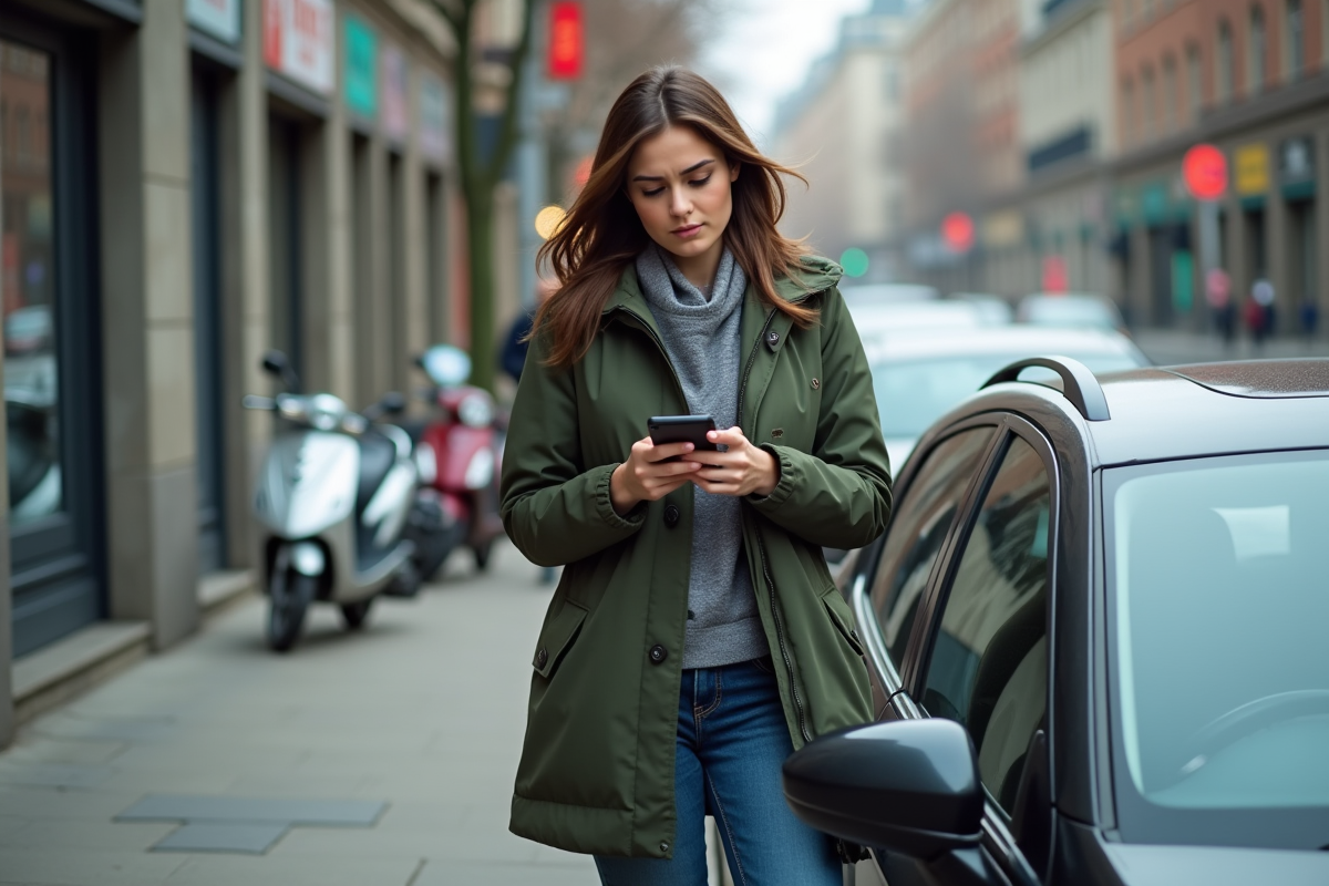 Jeune femme avec smartphone près de sa voiture en ville
