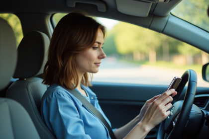 Femme au volant vérifiant son smartphone dans la voiture
