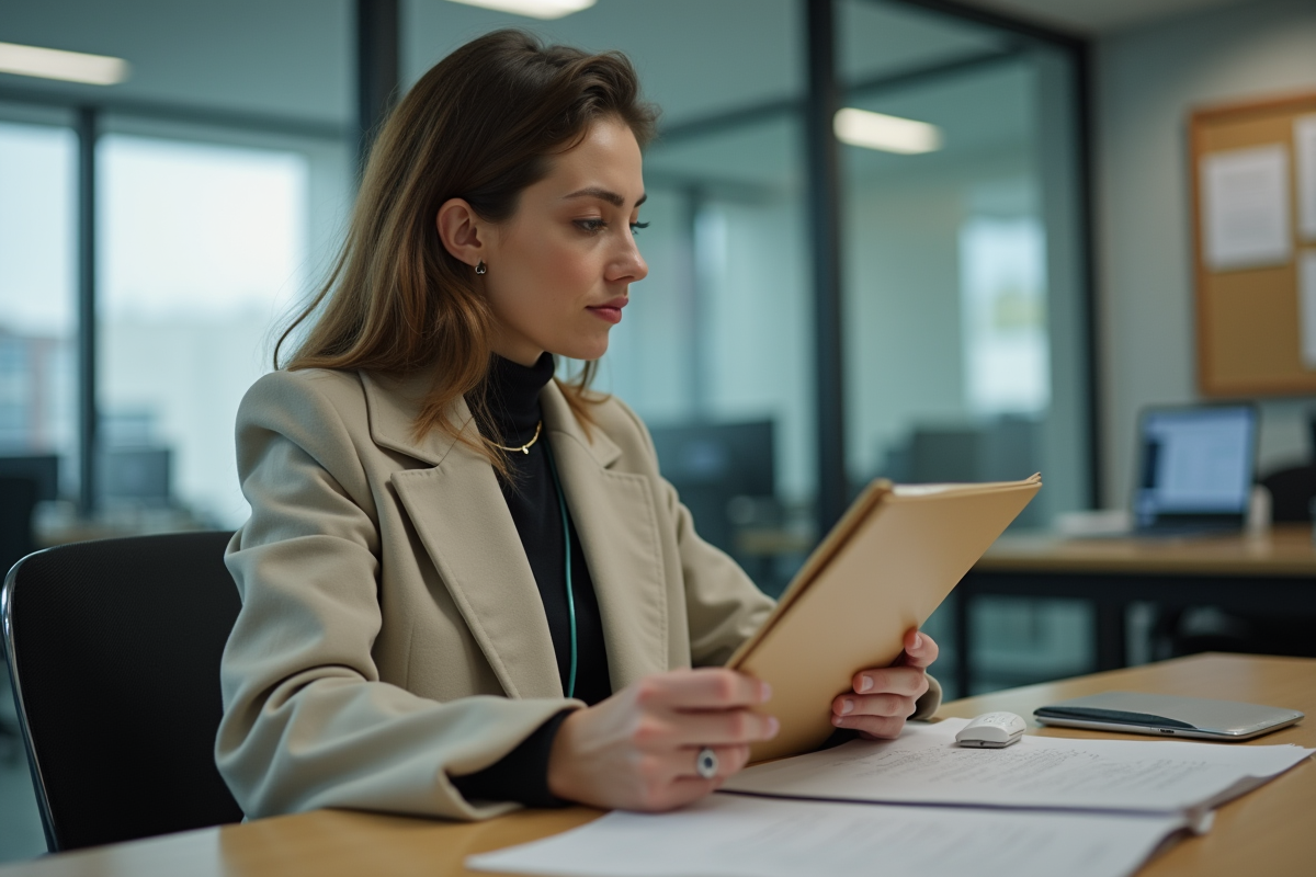 Jeune femme examinant des documents dans un bureau