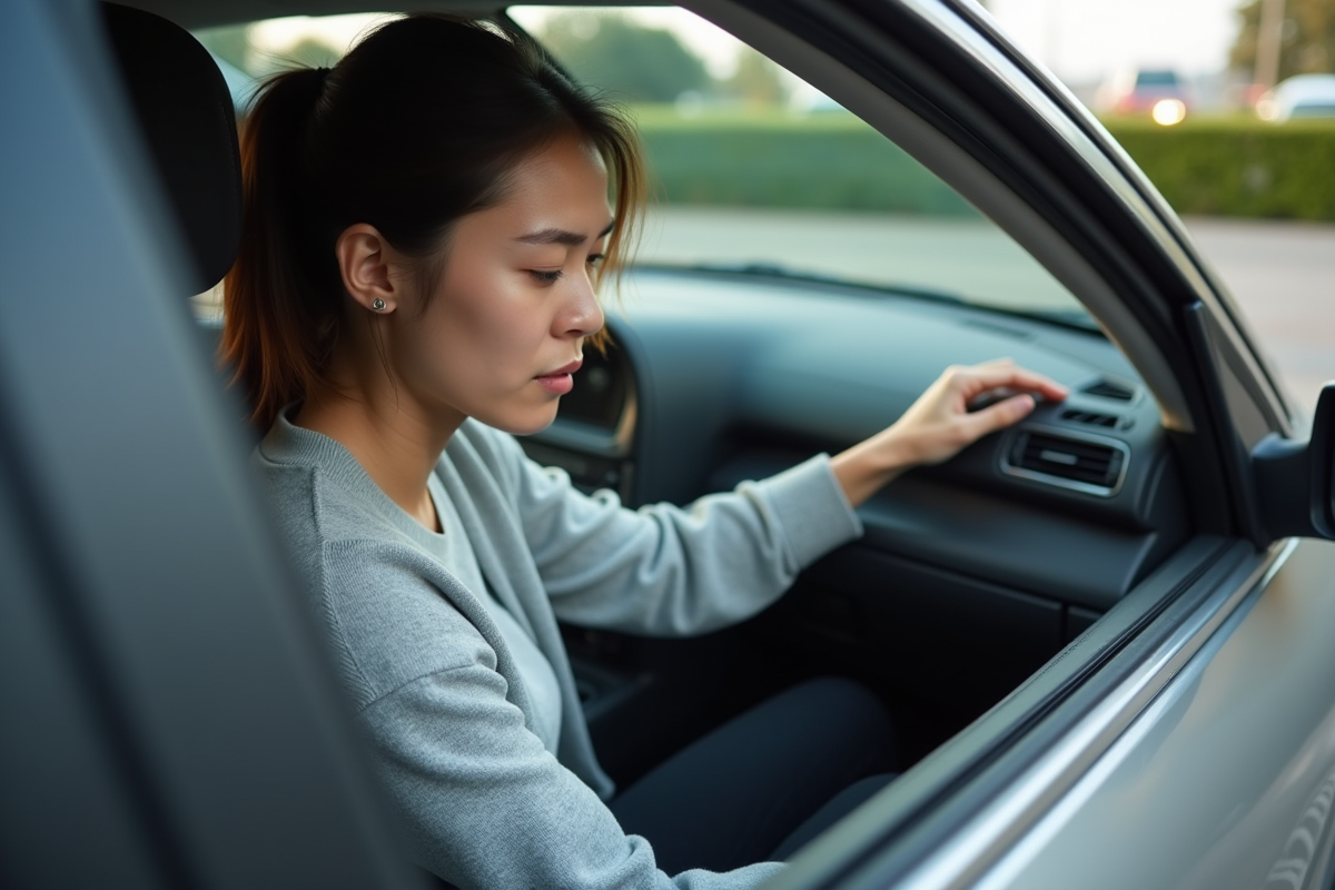 Jeune femme vérifiant la porte de sa voiture en ville