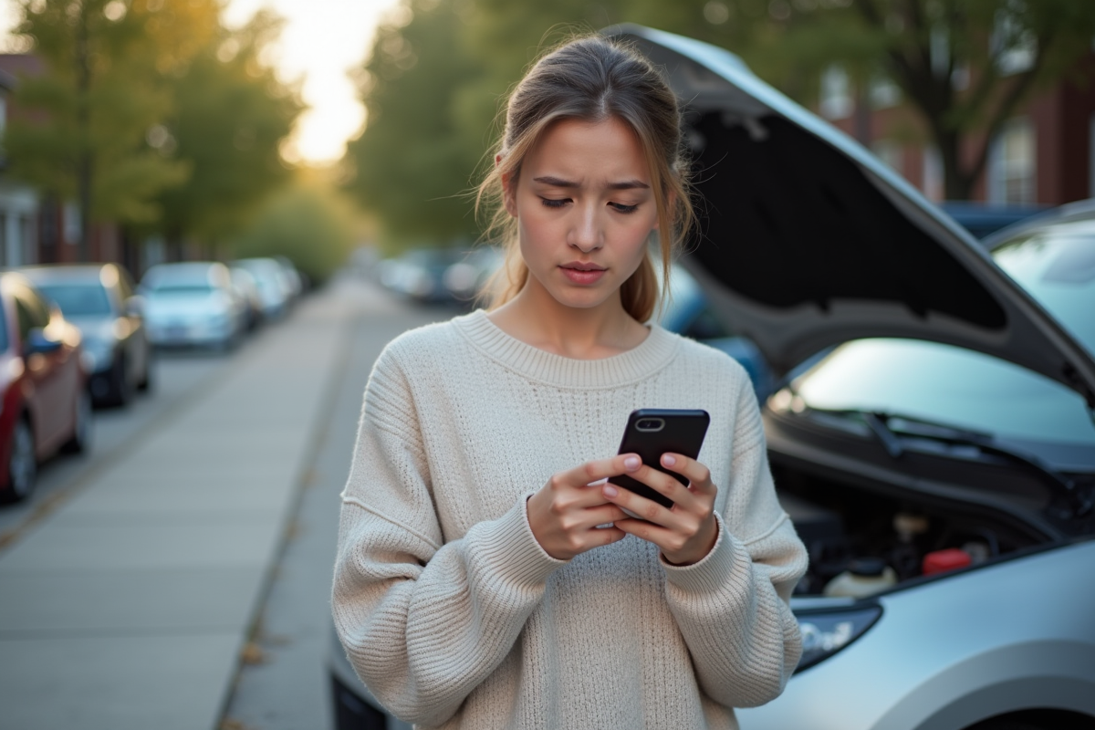 Jeune femme vérifiant le moteur de sa voiture avec smartphone