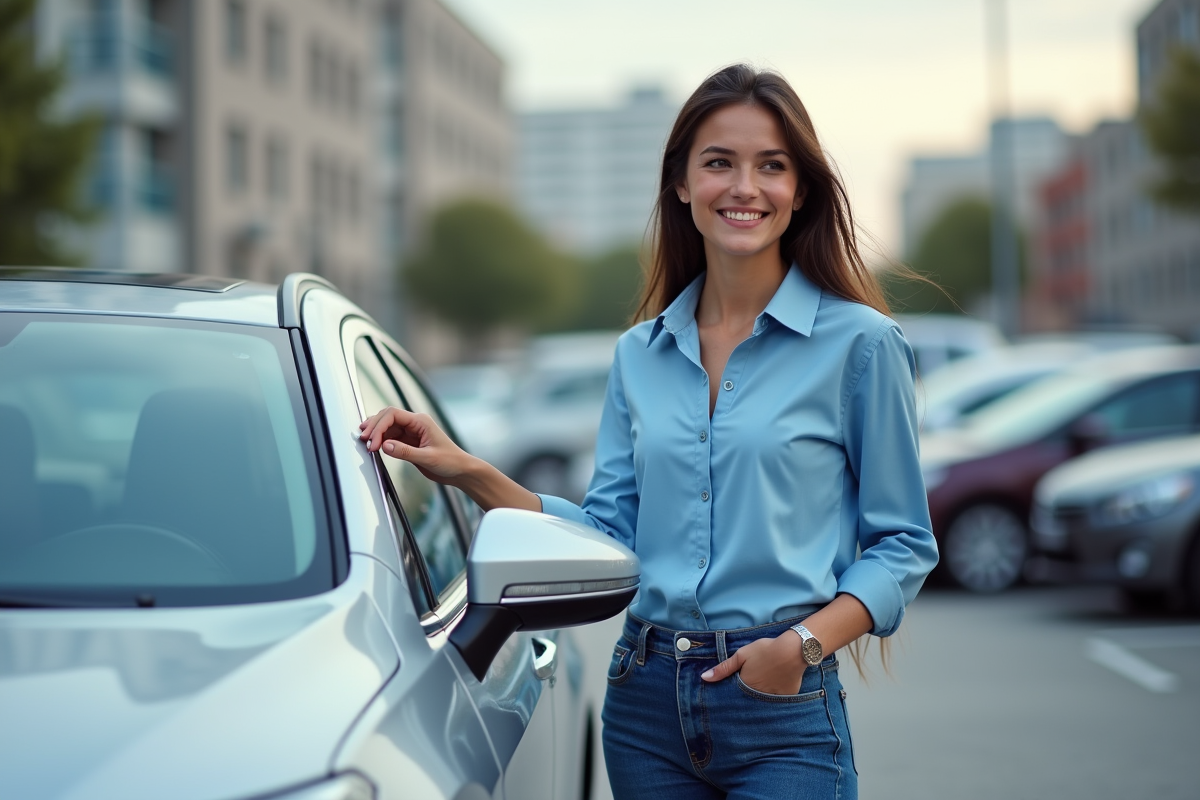 Jeune femme regardant la voiture en ville