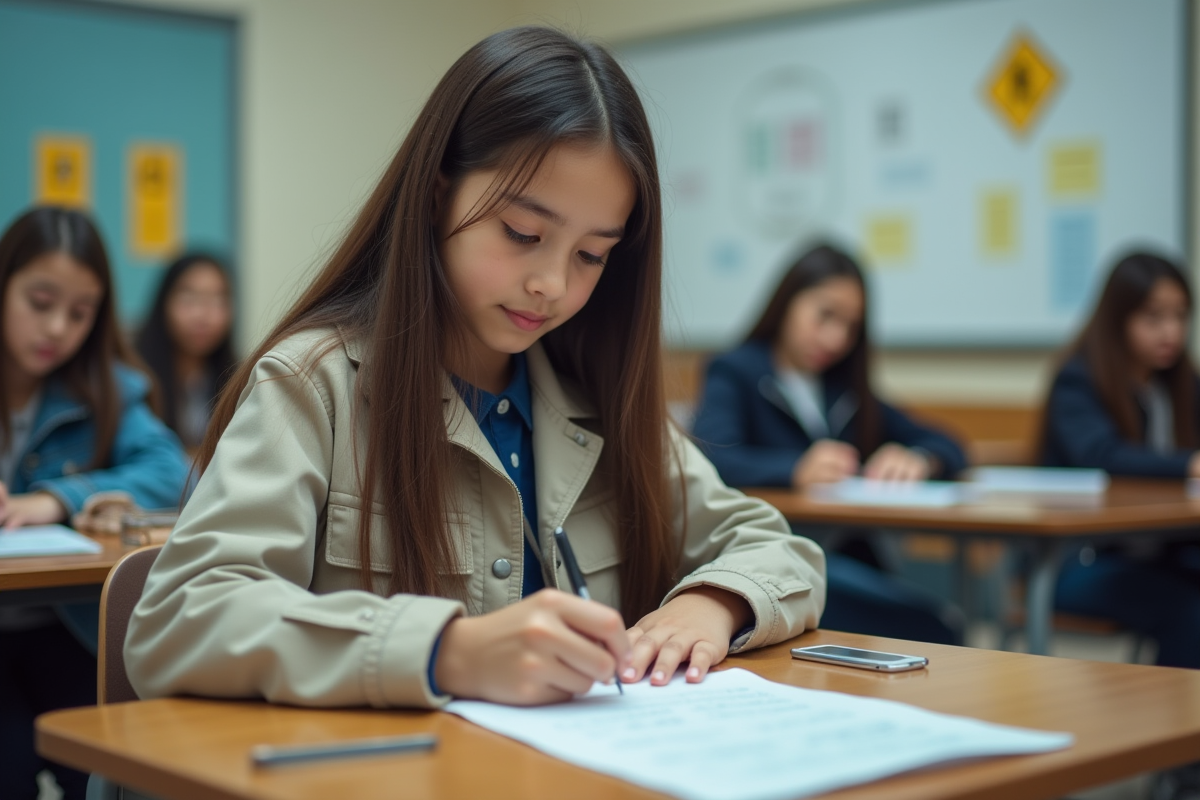 Fille concentrée en classe de conduite avec documents