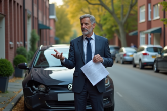Homme d affaires avec documents près d une voiture endommagée