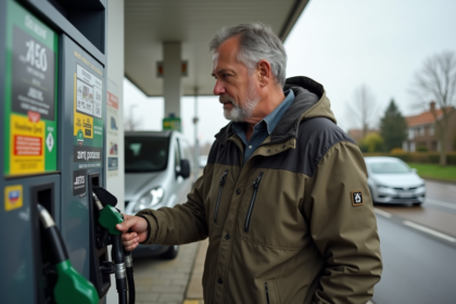 Homme examine les étiquettes de carburant à la station essence