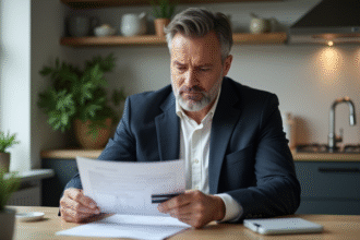 Homme d'affaires examine documents d'assurance auto à la maison