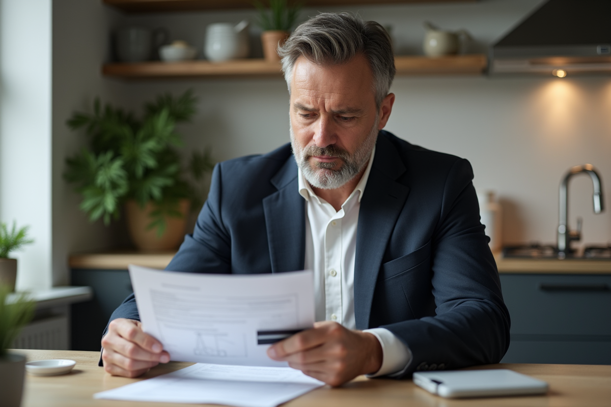 Homme d'affaires examine documents d'assurance auto à la maison