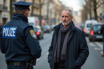 Homme d'âge moyen discutant avec un policier en ville